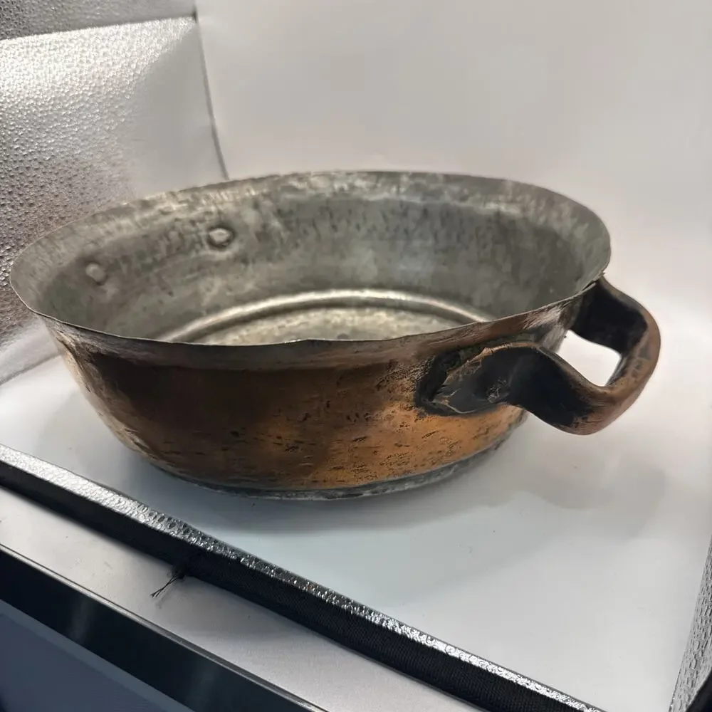 Antique Hand Hammered Copper Colander With Riveted Handles Heavy